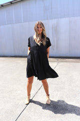Baby Doll Button Up Dress In Black