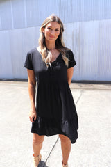 Baby Doll Button Up Dress In Black