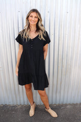 Baby Doll Button Up Dress In Black