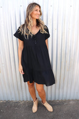 Baby Doll Button Up Dress In Black