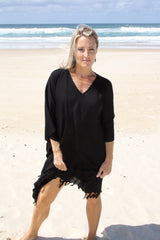 Short Kaftan With Tassels In Black