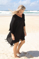 Short Kaftan With Tassels In Black