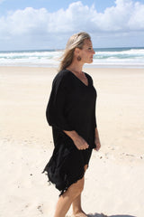 Short Kaftan With Tassels In Black