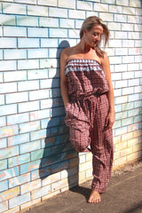 Living It Up Long Jumpsuit In Red Boarder