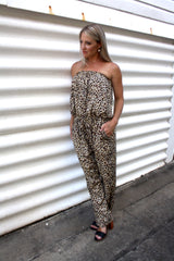 Living It Up Long Jumpsuit In Leopard Brown