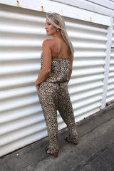 Living It Up Long Jumpsuit In Leopard Brown