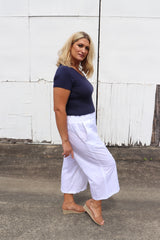 Elastic Cotton 3/4 Pant In White