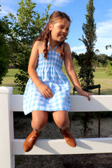 Girls Strapless Beach Dress in Cotton Gingham Sky Blue