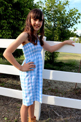 Girls Strapless Beach Dress in Cotton Gingham Sky Blue