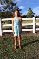 Girls Strapless Beach Dress in Cotton Gingham Mint