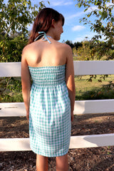 Girls Strapless Beach Dress in Cotton Gingham Mint