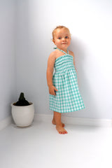 Girls Strapless Beach Dress in Cotton Gingham Mint