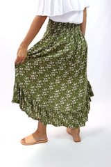 Long Bohemian Skirt In Olive Flower