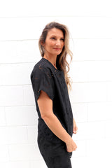 Anglaise Short Sleeve Cotton Top in Black