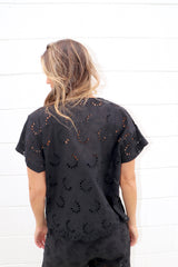 Anglaise Short Sleeve Cotton Top in Black