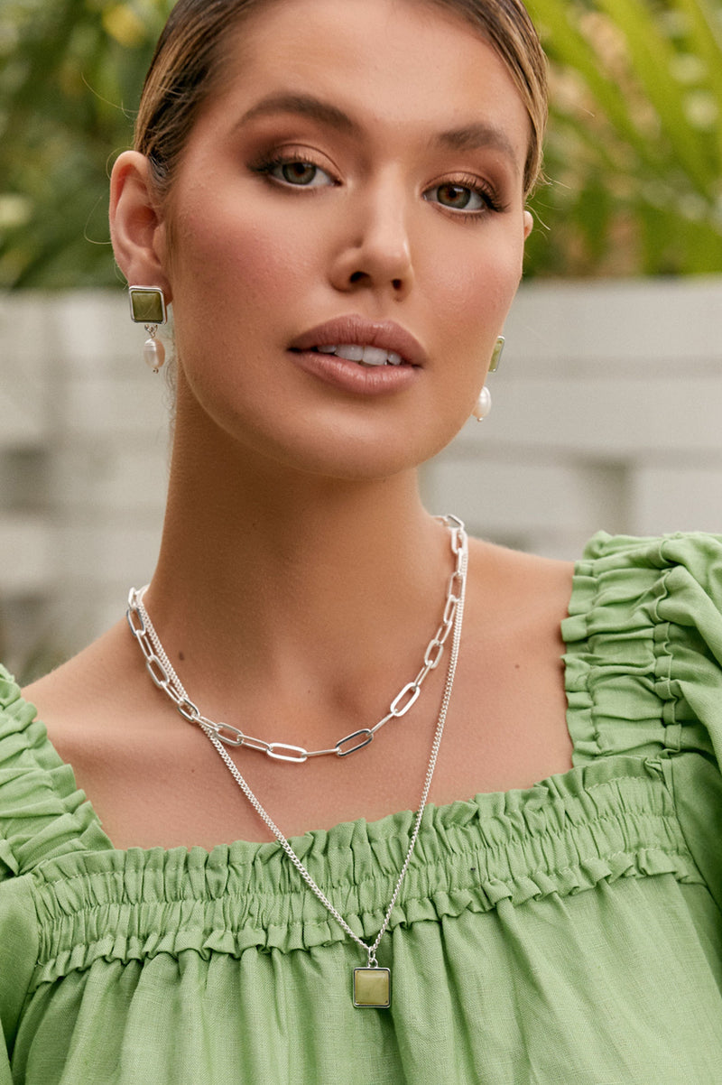 Lime Stone Layered Necklace (Silver)