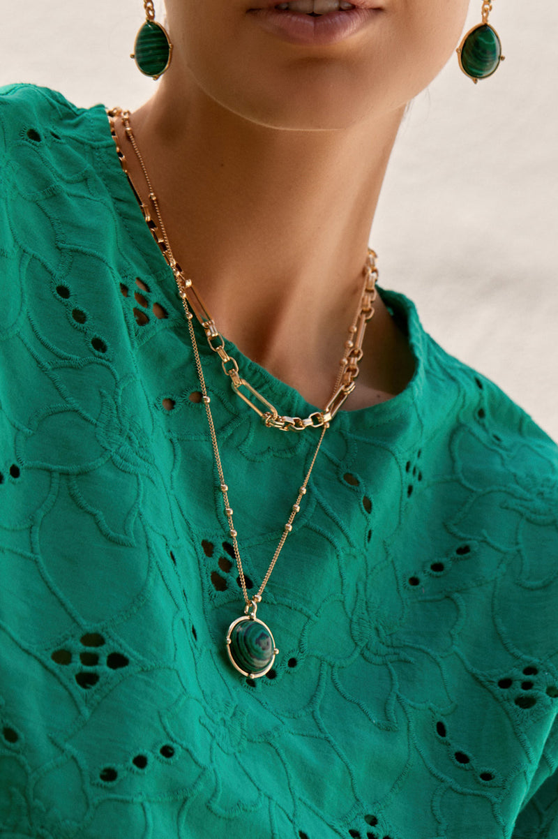 Framed Green Stone Layered Necklace (Gold)