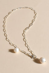 Dual Pearl Charm Necklace in Silver