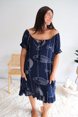 Aloha Dress In Navy Fish