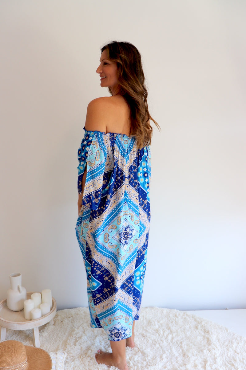 Freedom On/Off Shoulder Kaftan in Island Blue