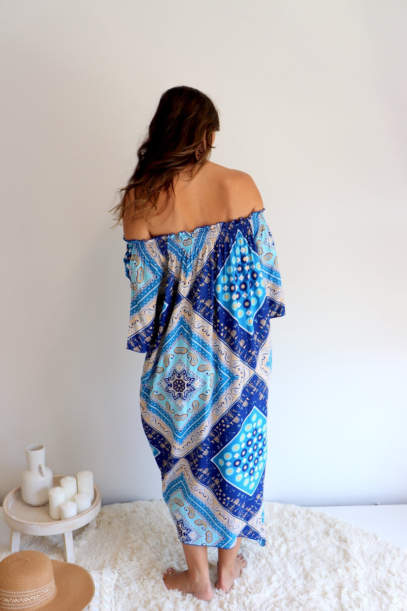 Freedom On/Off Shoulder Kaftan in Island Blue