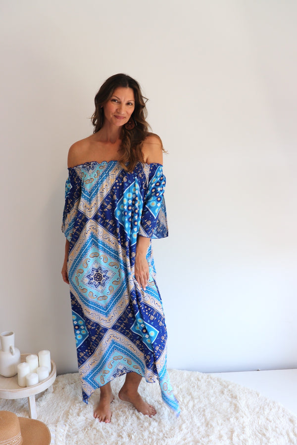Freedom On/Off Shoulder Kaftan in Island Blue