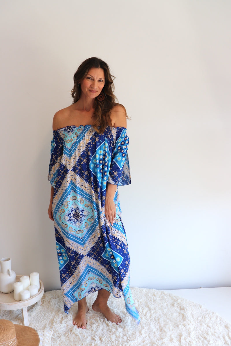 Freedom On/Off Shoulder Kaftan in Island Blue