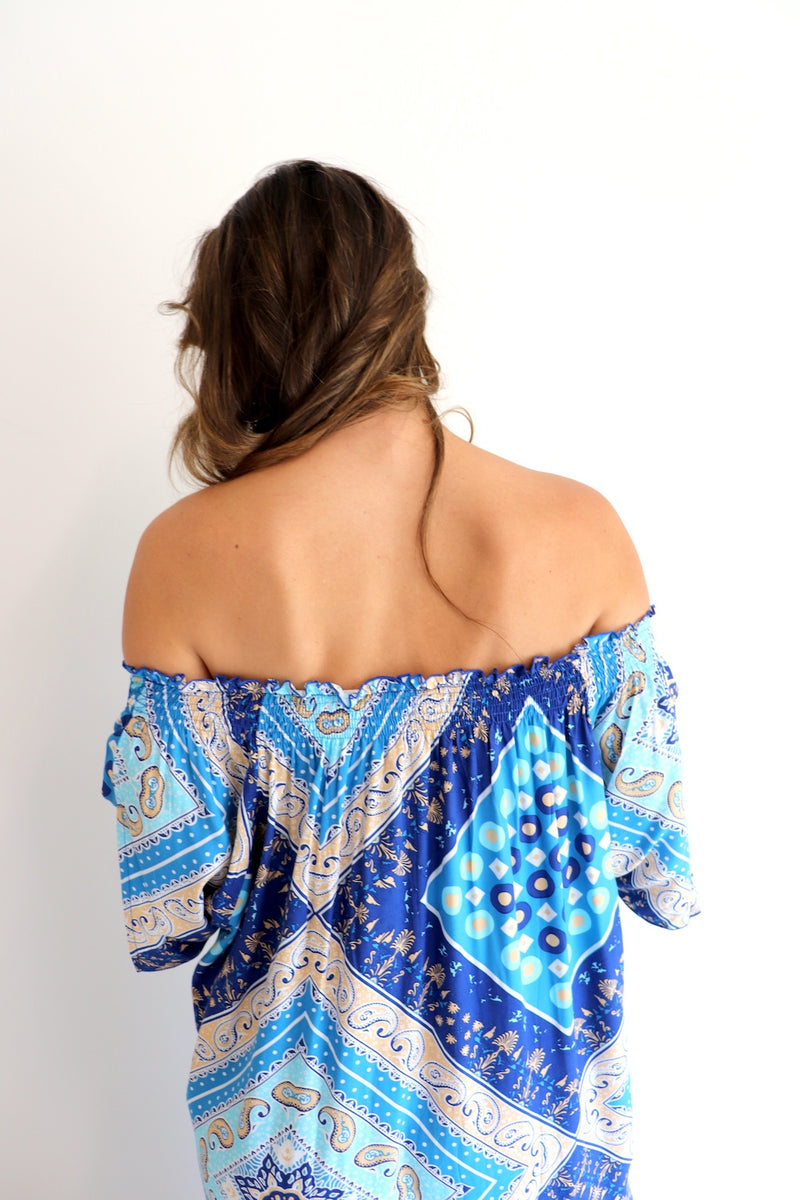 Freedom On/Off Shoulder Kaftan in Island Blue