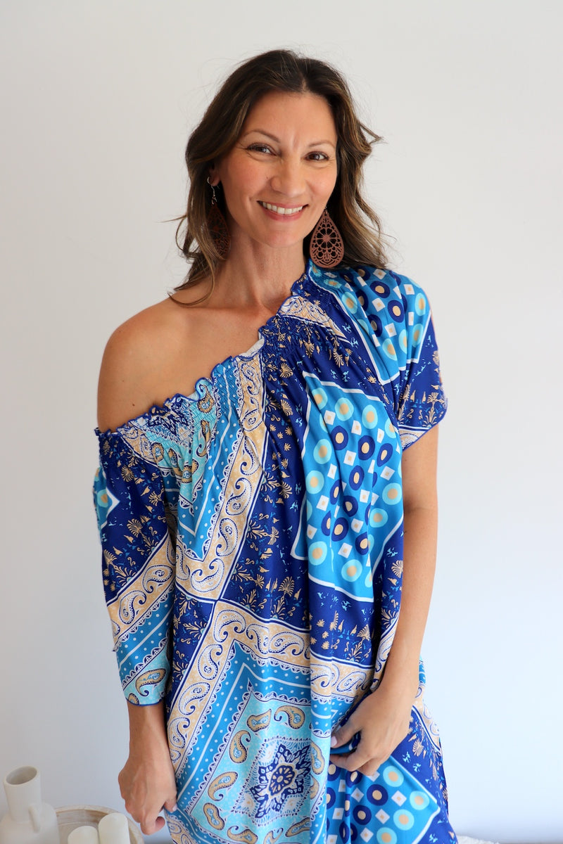Freedom On/Off Shoulder Kaftan in Island Blue