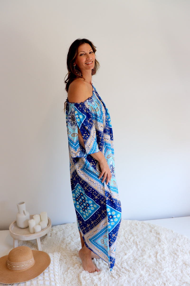 Freedom On/Off Shoulder Kaftan in Island Blue