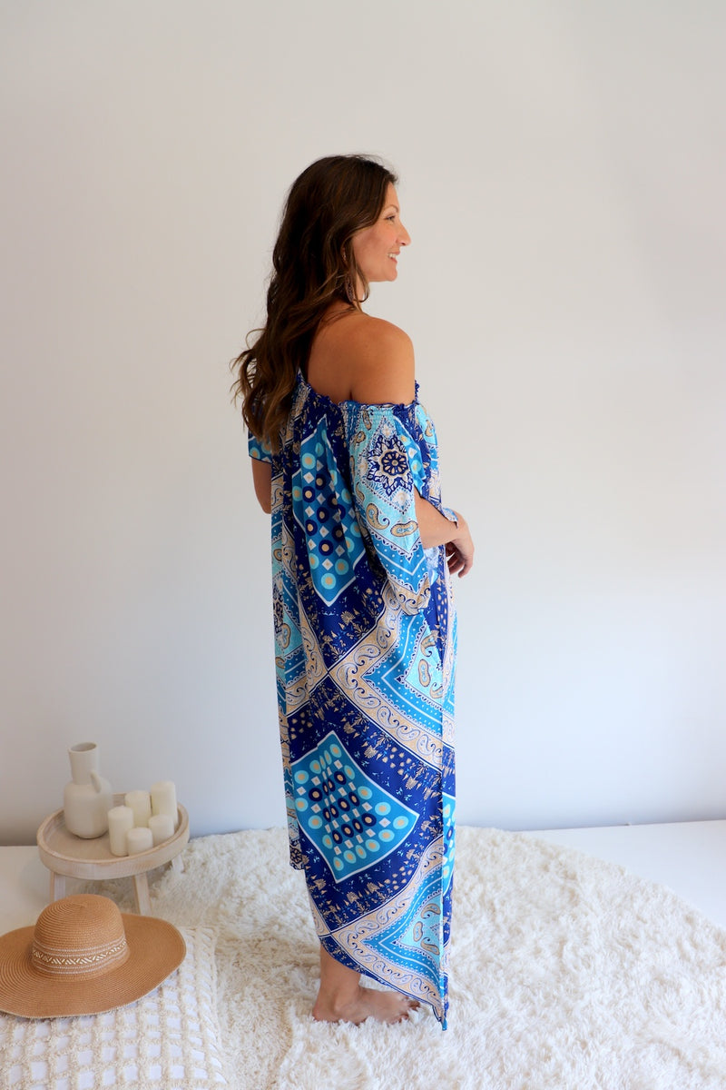 Freedom On/Off Shoulder Kaftan in Island Blue