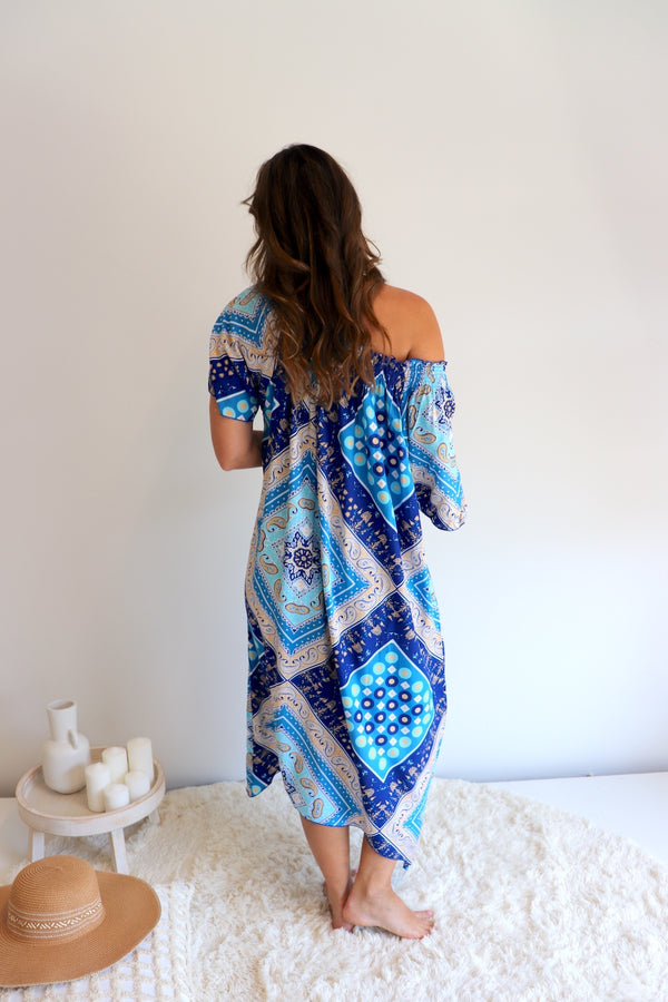 Freedom On/Off Shoulder Kaftan in Island Blue
