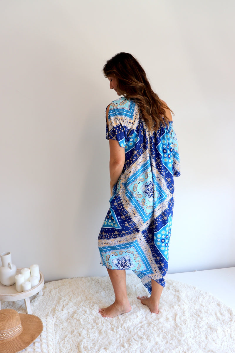 Freedom On/Off Shoulder Kaftan in Island Blue