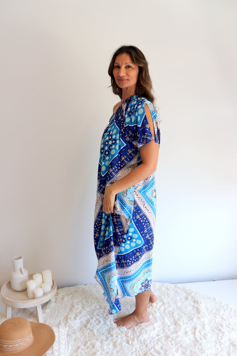 Freedom On/Off Shoulder Kaftan in Island Blue