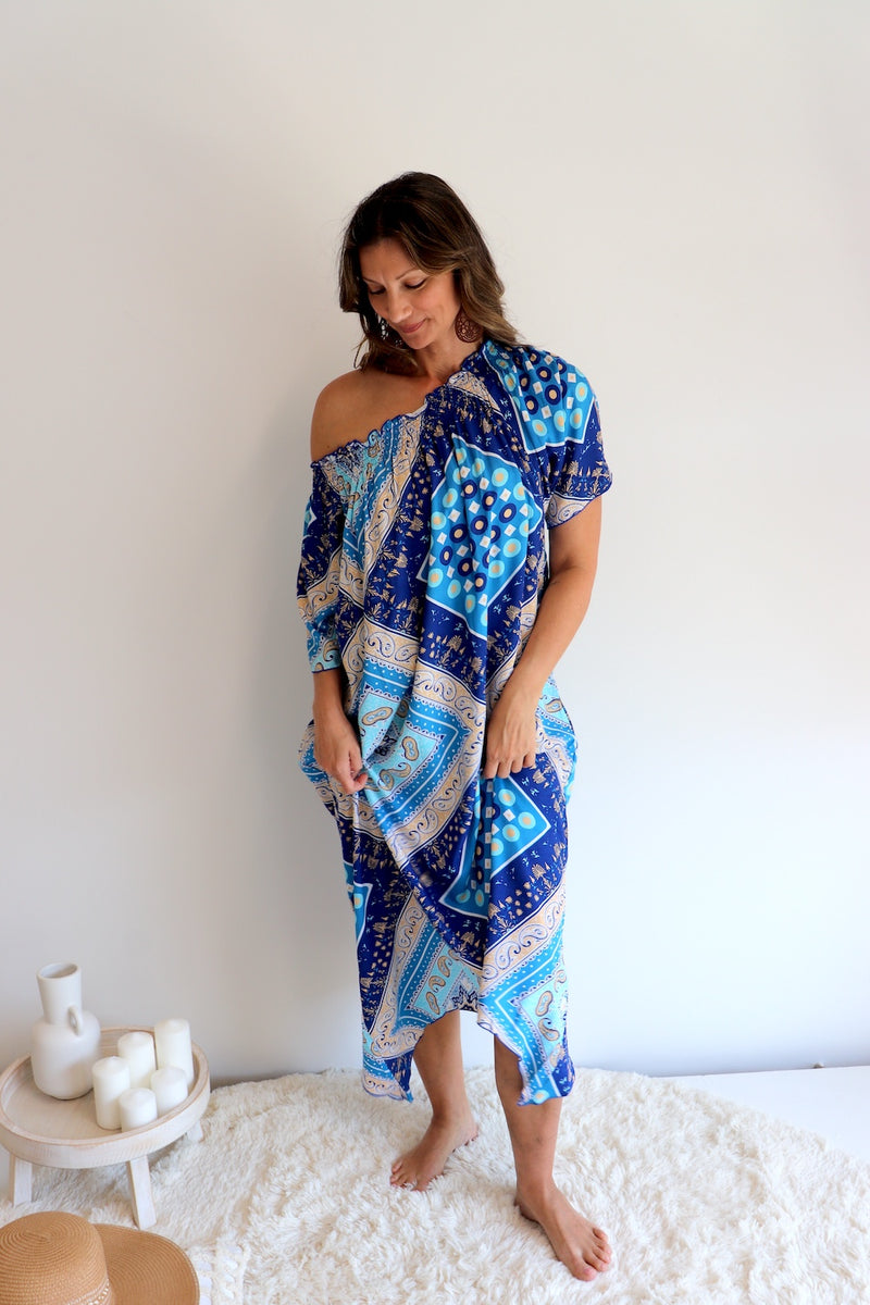 Freedom On/Off Shoulder Kaftan in Island Blue