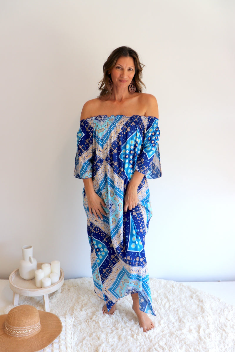 Freedom On/Off Shoulder Kaftan in Island Blue