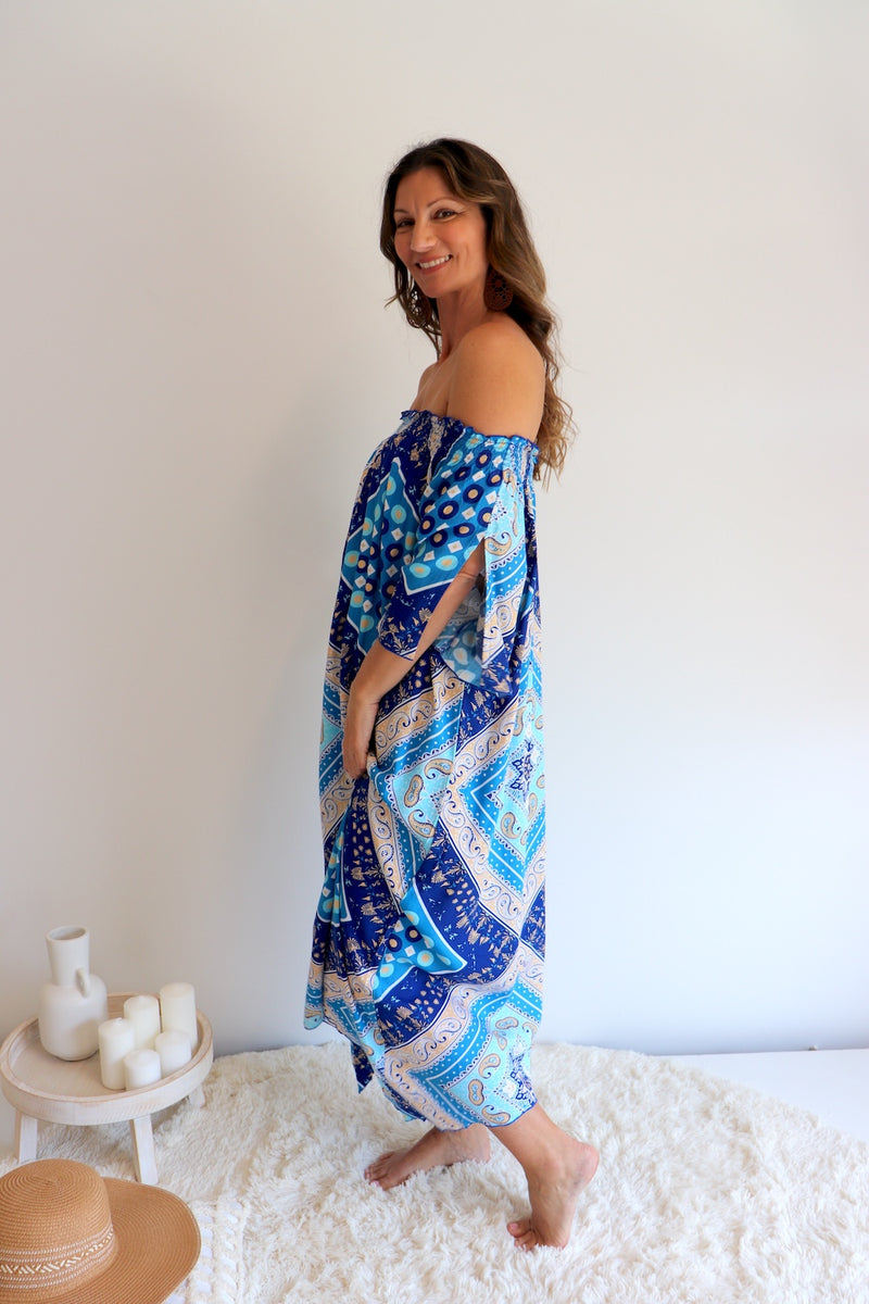 Freedom On/Off Shoulder Kaftan in Island Blue