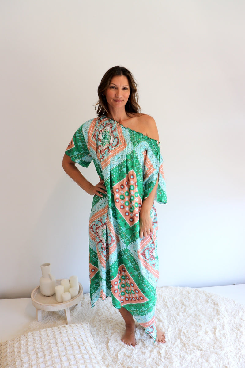 Freedom On/Off Shoulder Kaftan in Island Green