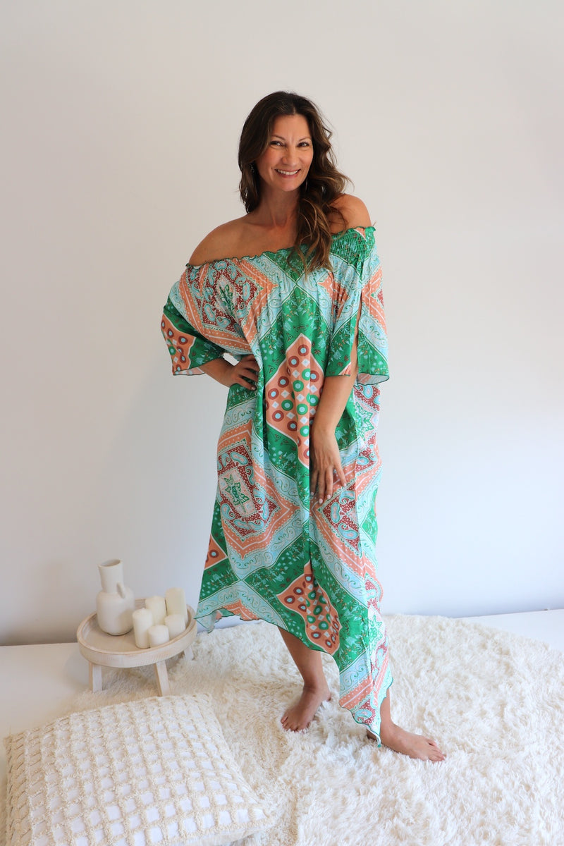 Freedom On/Off Shoulder Kaftan in Island Green
