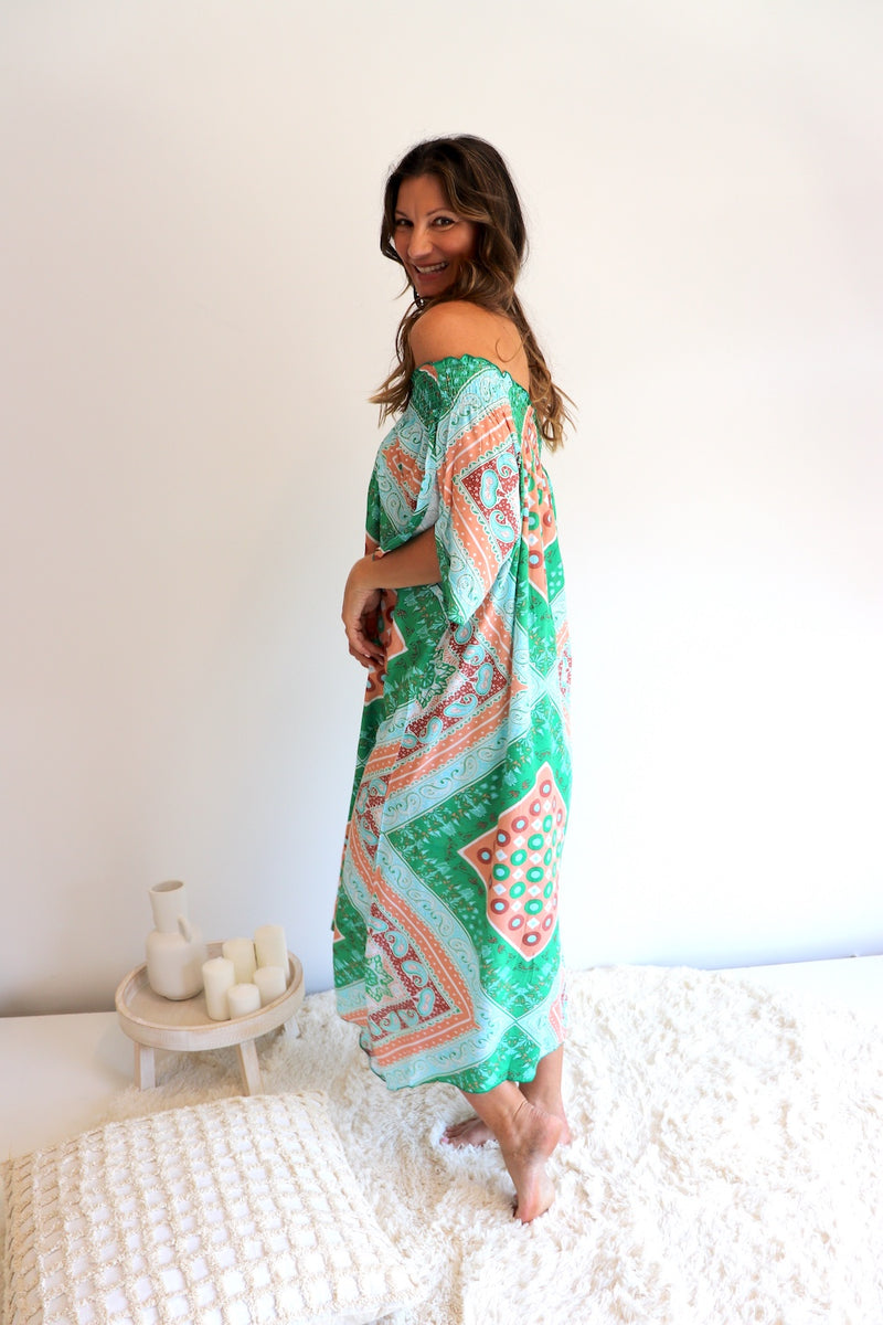 Freedom On/Off Shoulder Kaftan in Island Green