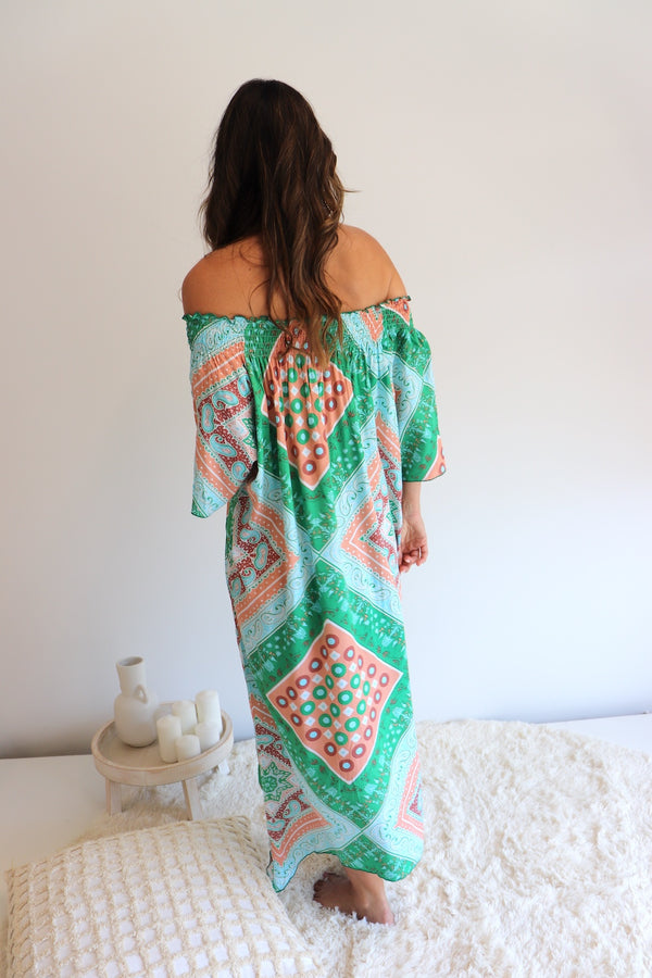 Freedom On/Off Shoulder Kaftan in Island Green