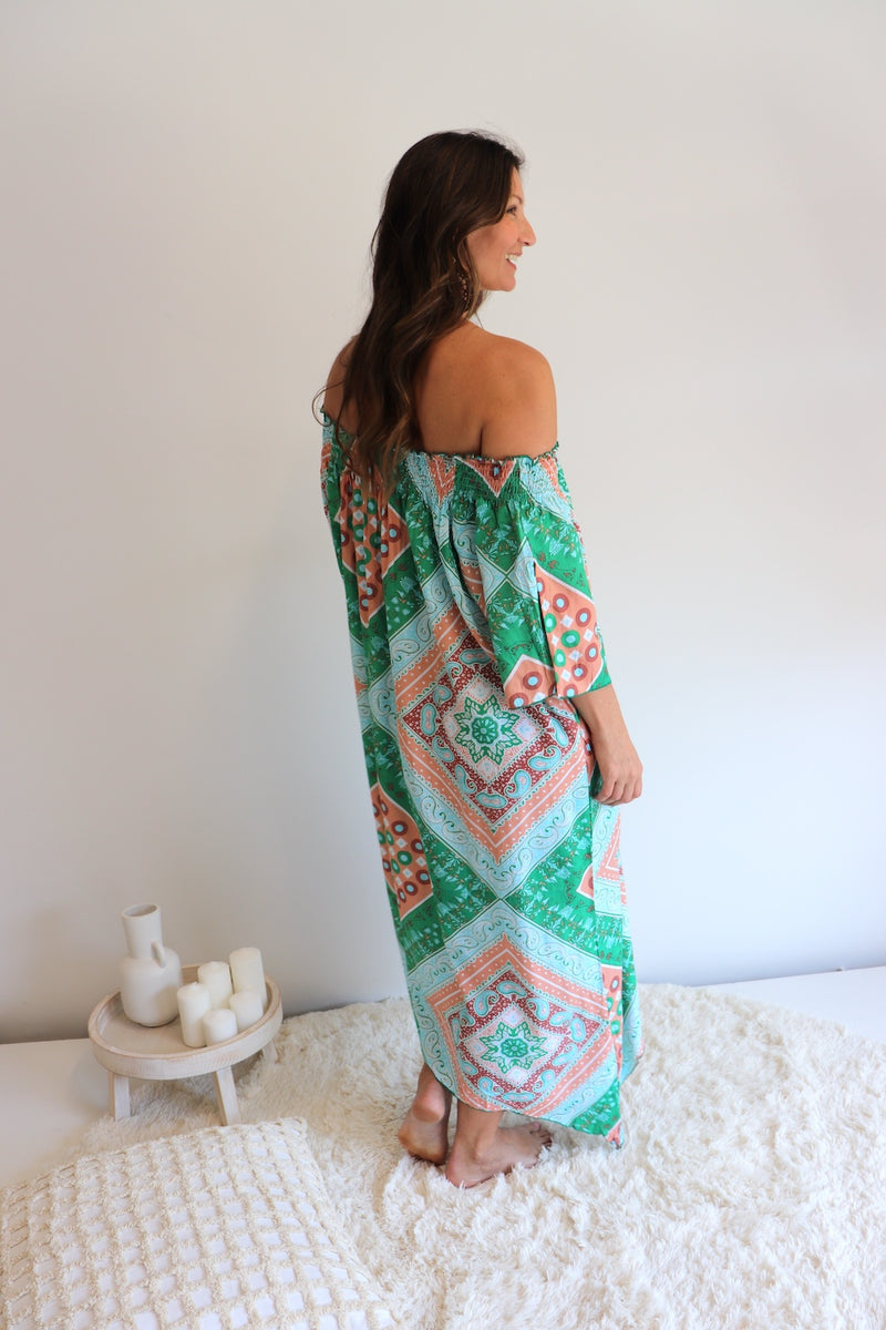 Freedom On/Off Shoulder Kaftan in Island Green