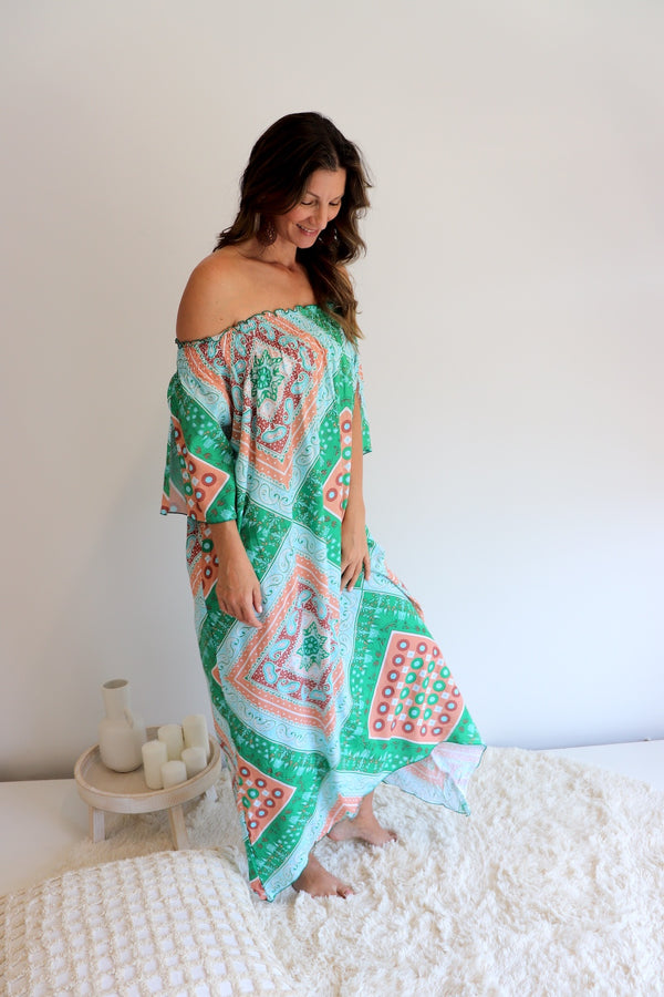 Freedom On/Off Shoulder Kaftan in Island Green