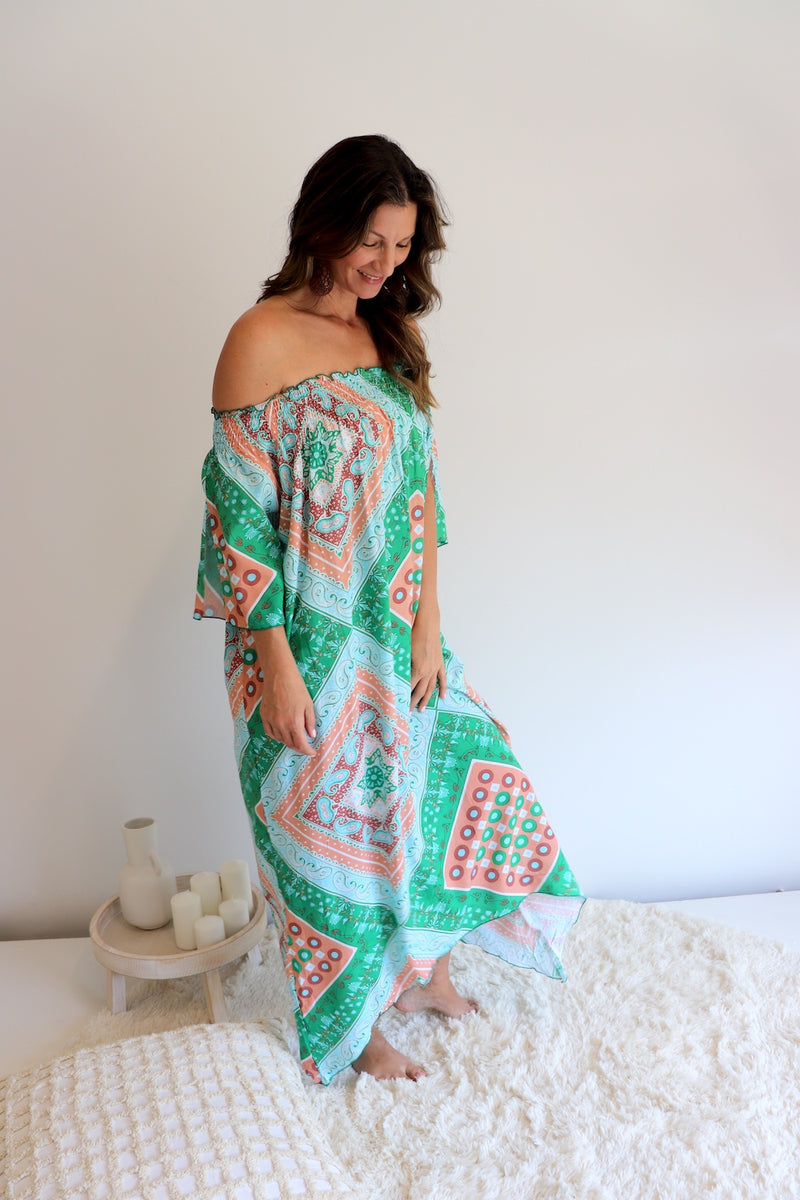Freedom On/Off Shoulder Kaftan in Island Green