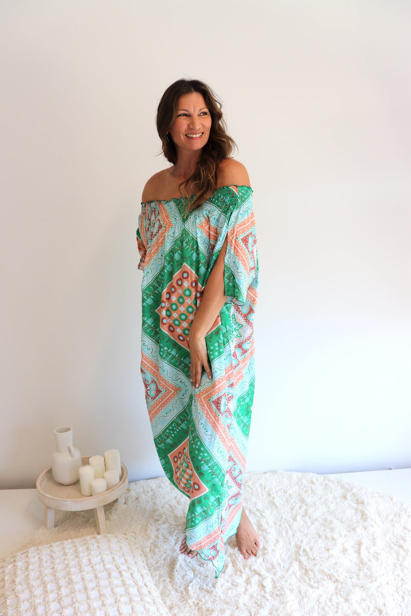 Freedom On/Off Shoulder Kaftan in Island Green