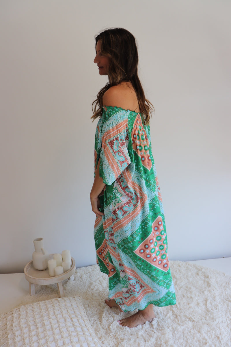 Freedom On/Off Shoulder Kaftan in Island Green