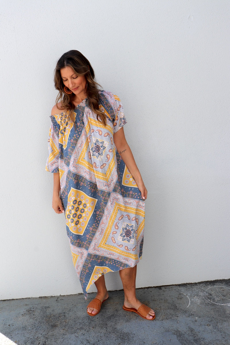 Freedom On/Off Shoulder Kaftan in Island Yellow/Grey