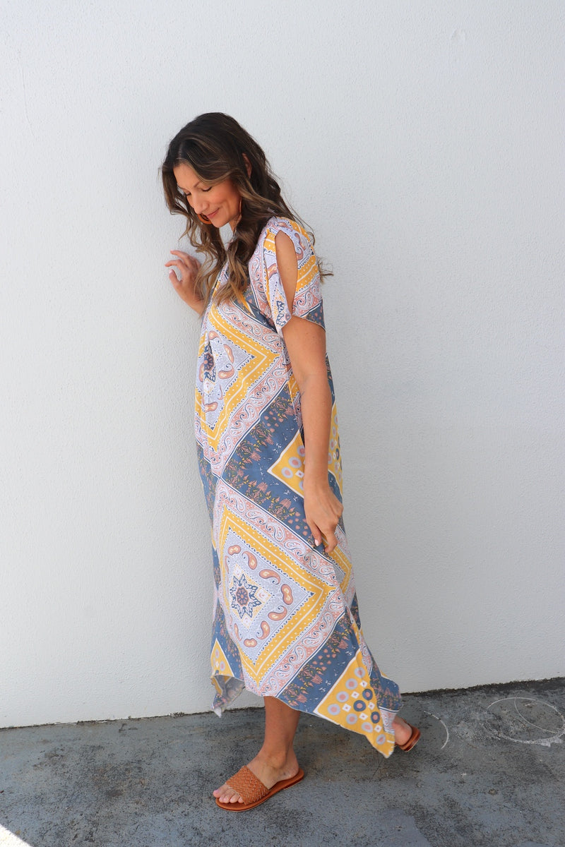 Freedom On/Off Shoulder Kaftan in Island Yellow/Grey