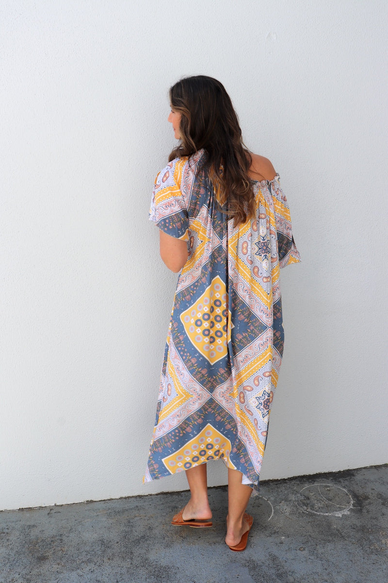 Freedom On/Off Shoulder Kaftan in Island Yellow/Grey