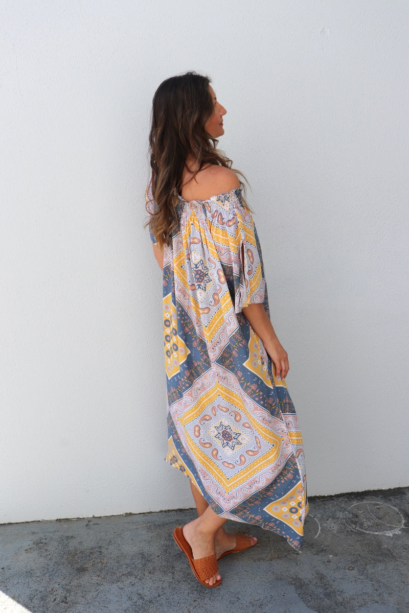 Freedom On/Off Shoulder Kaftan in Island Yellow/Grey